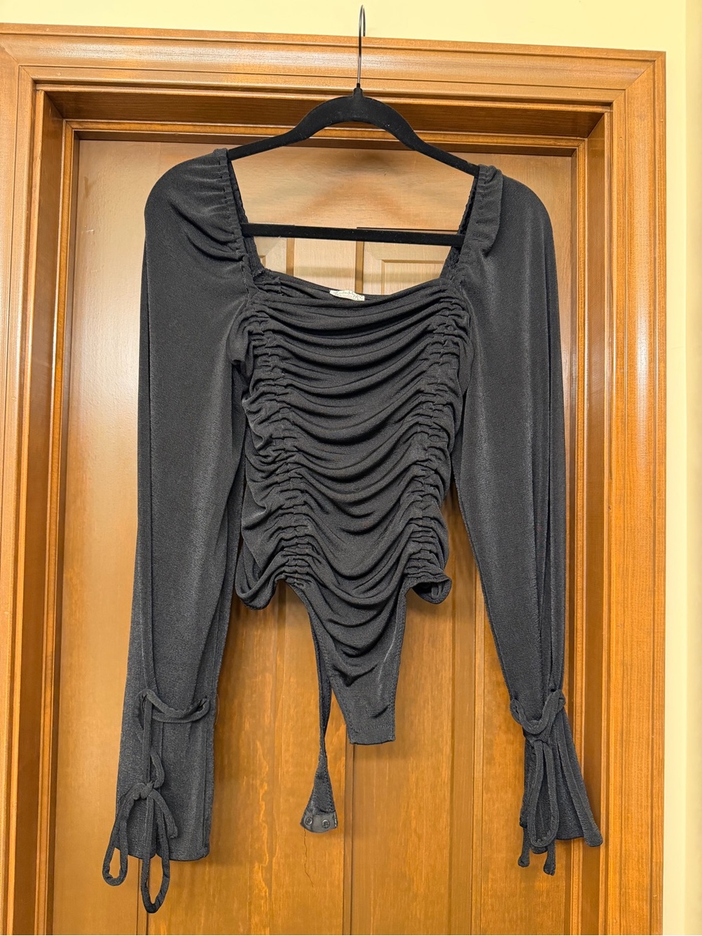 Free People Black Ruched Long Sleeve Tie-Sleeve Top